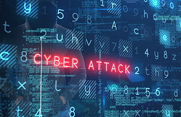 dunkles Fensterglas mit Buchstaben und Zahlen sowie der Leuchtschrift Cyber Attack